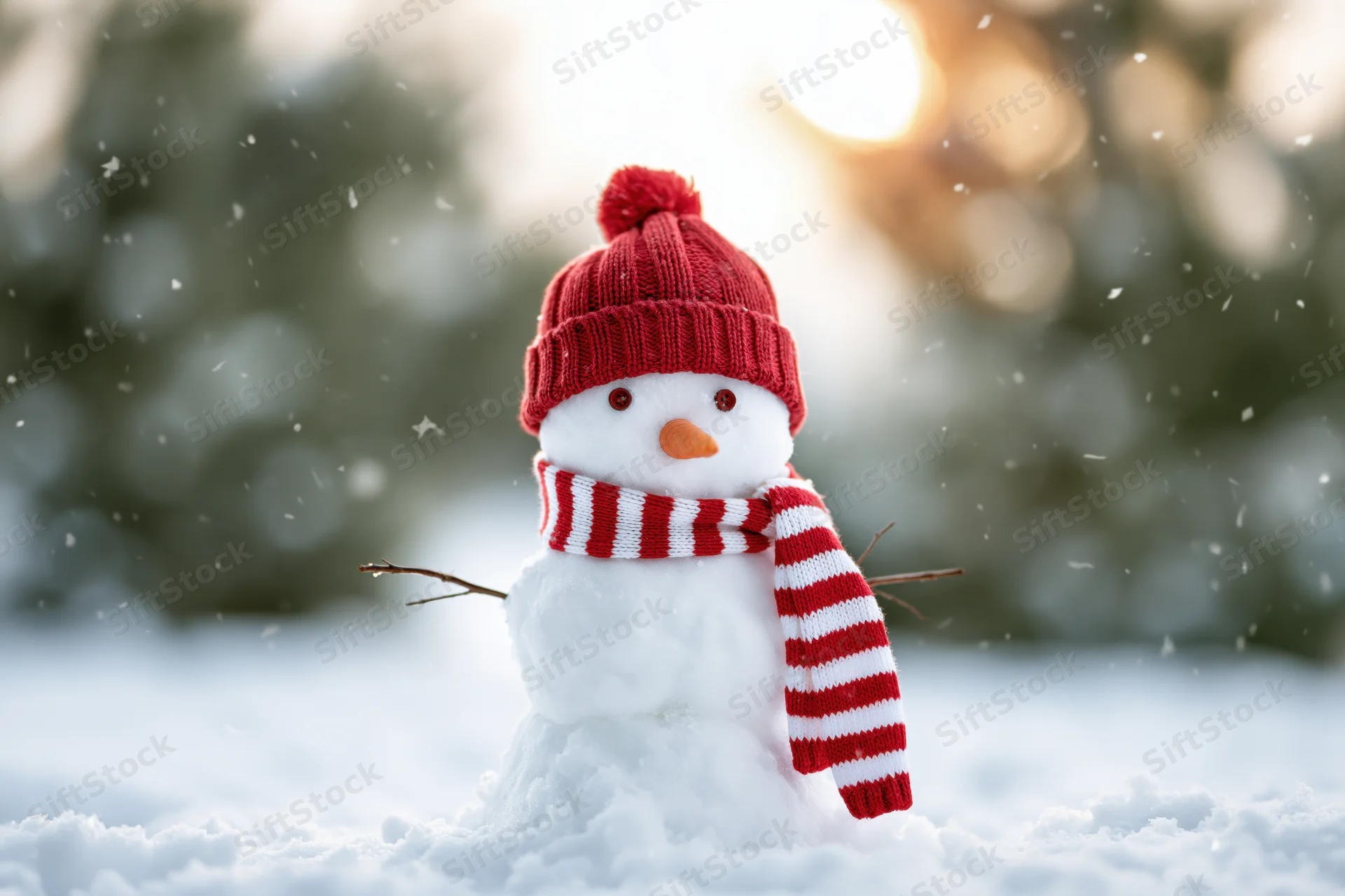 Small snowman wearing red knit hat and striped scarf standing in fresh snow with blurred forest background