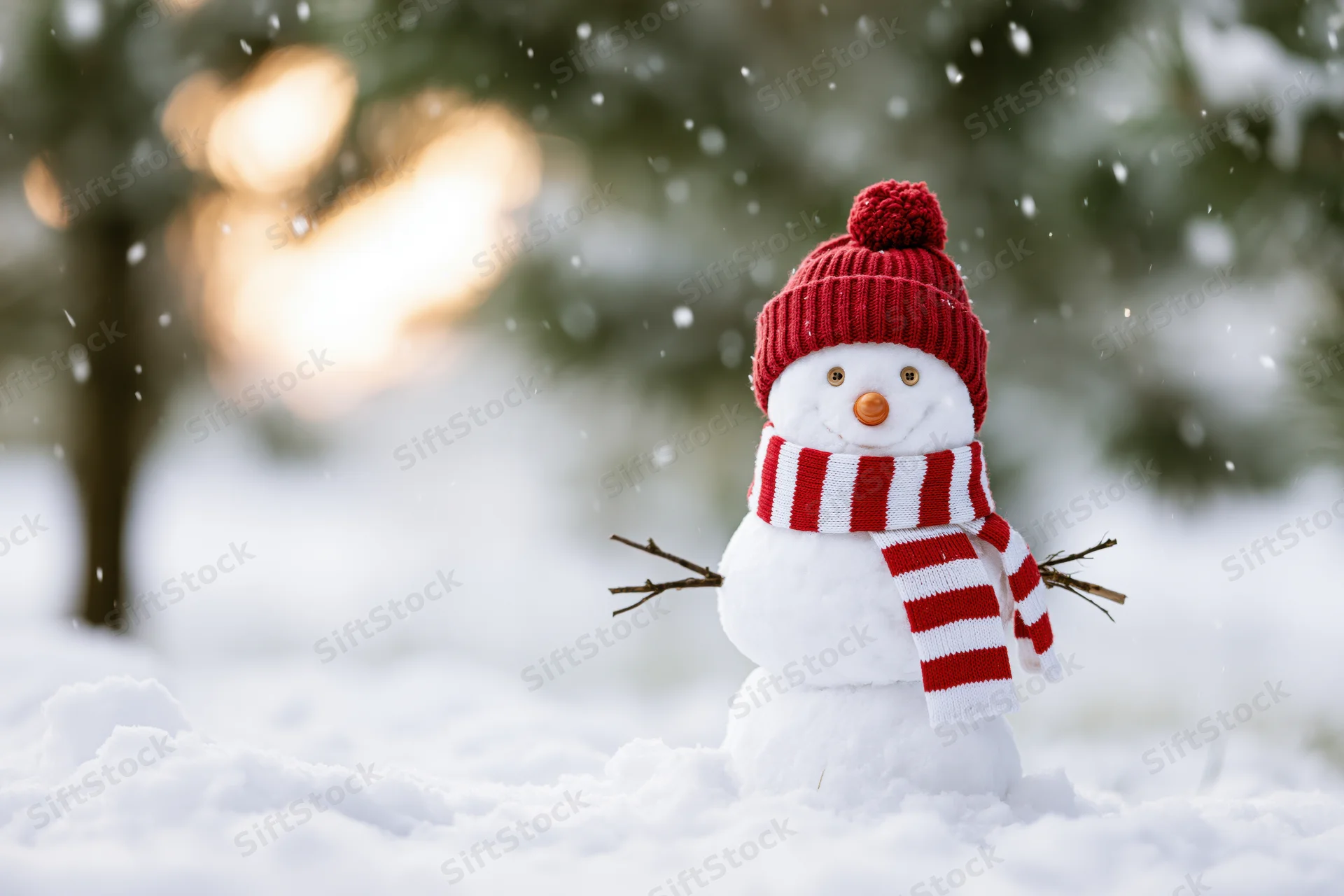 Small snowman wearing red knit hat and striped scarf standing in fresh snow near pine trees