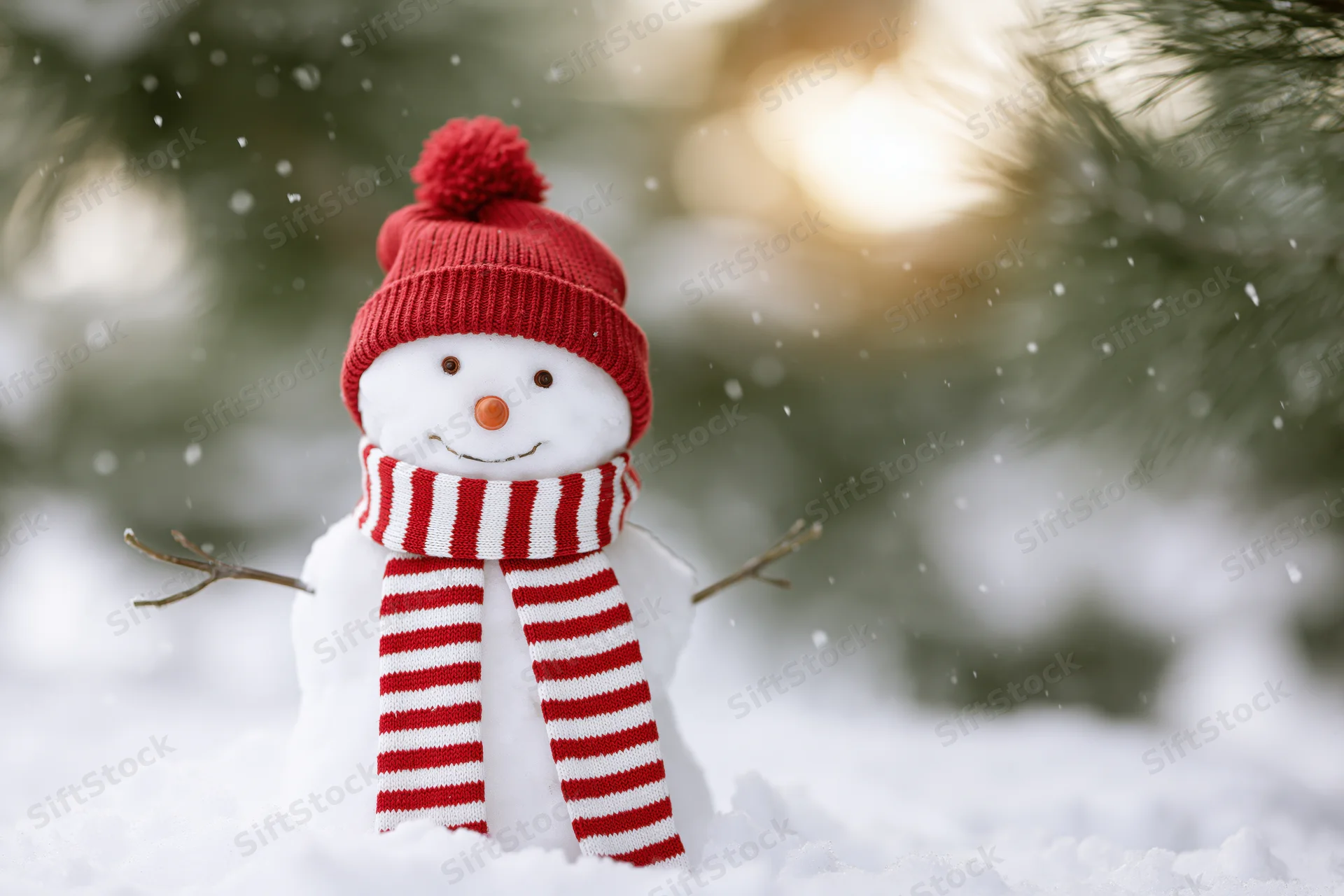 Small snowman wearing red knit hat and striped scarf standing in snow near pine tree