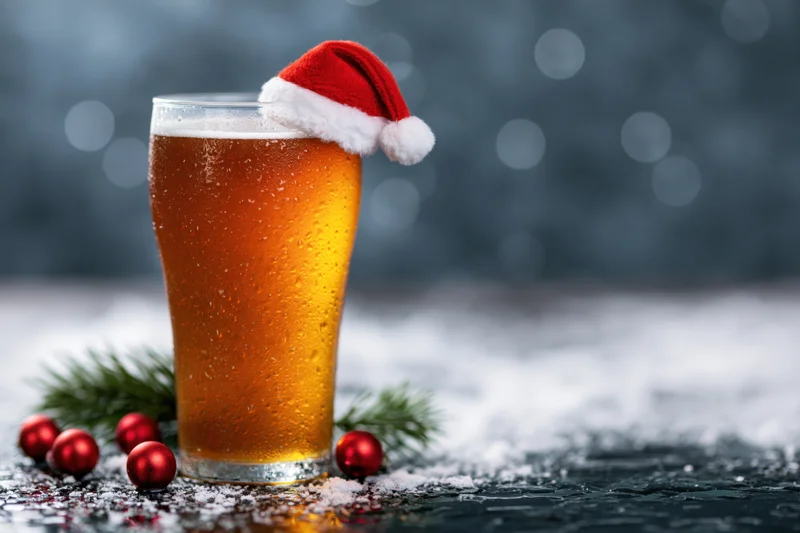 Tall pint glass of amber beer with miniature santa hat on rim, surrounded by pine sprigs and red ornaments on snowy surface