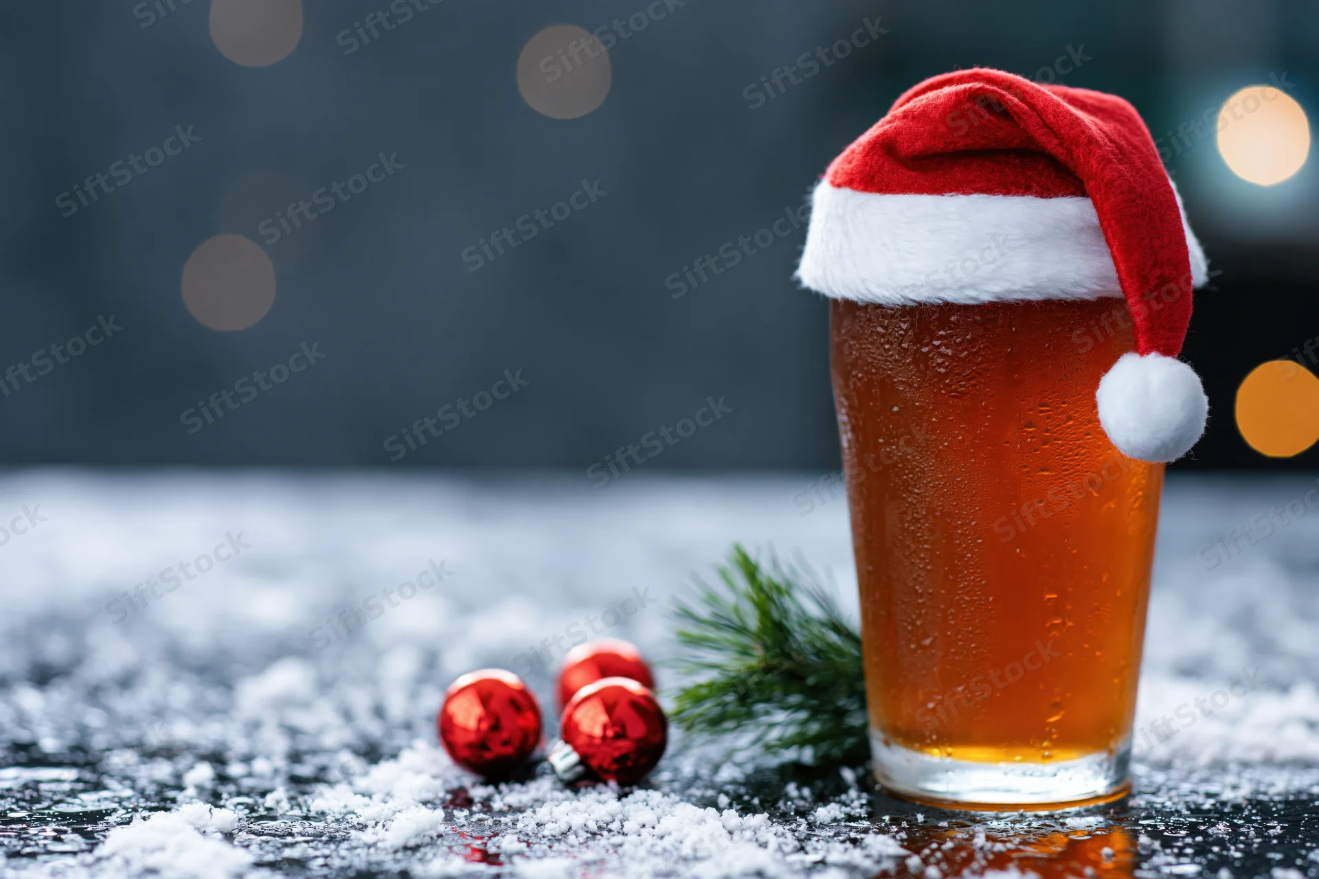 Tall glass of amber beer wearing a miniature santa hat on a snowy surface with christmas ornaments and pine sprig nearby