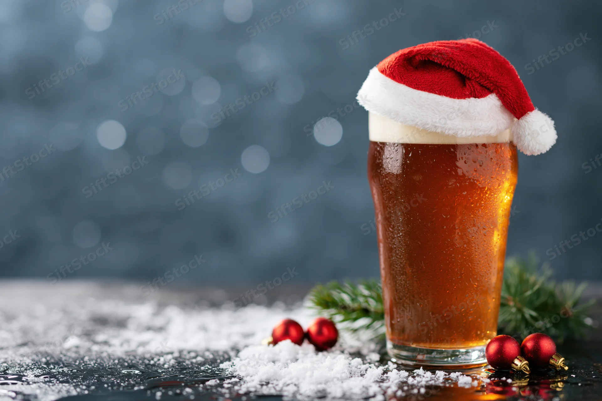 Tall pint glass of amber beer with miniature santa hat on top, surrounded by snow, pine sprigs and red ornaments on dark surface