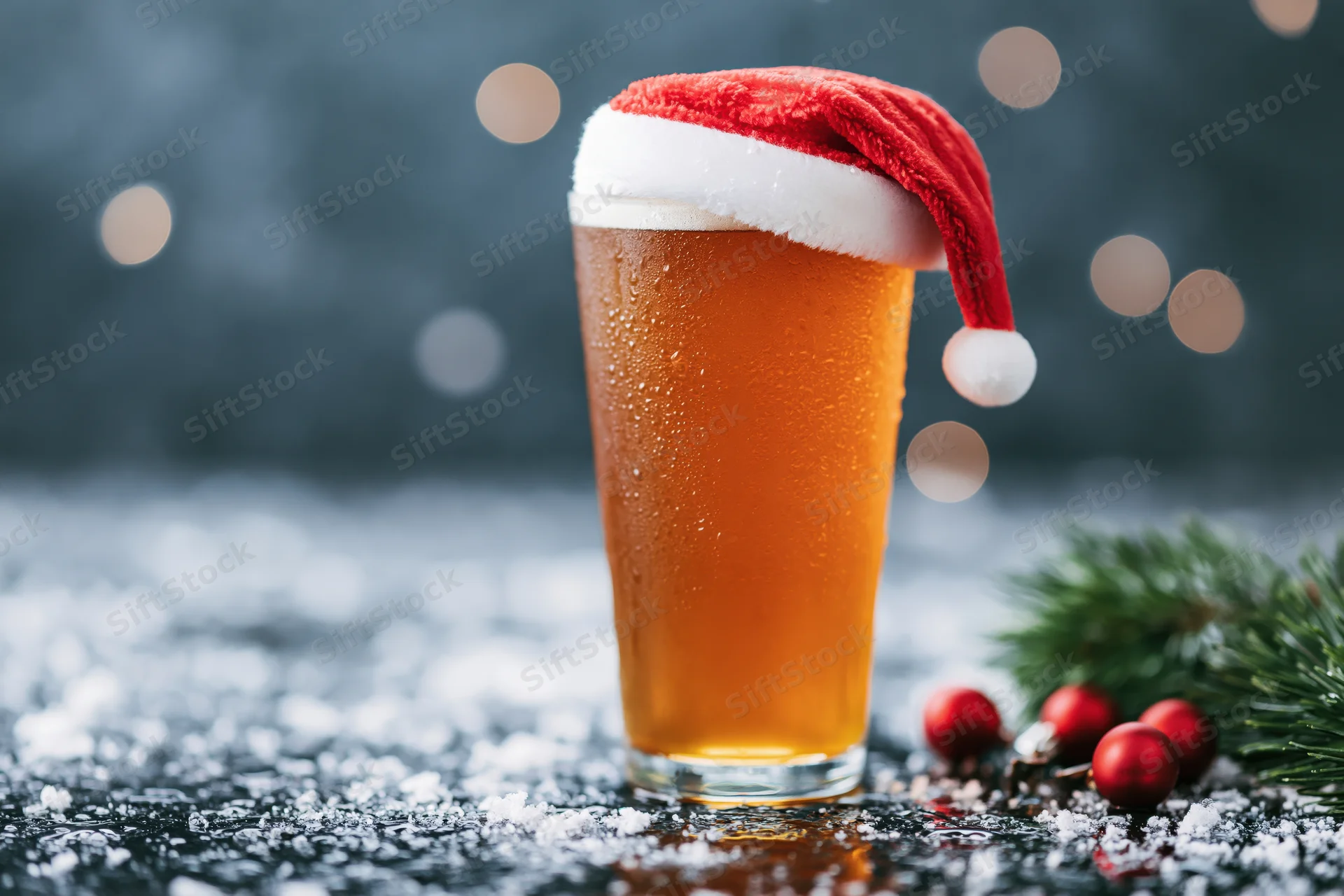 Tall pint glass of amber beer with miniature santa hat on rim, surrounded by snow, pine sprig and red ornaments on dark surface with bokeh lights in background
