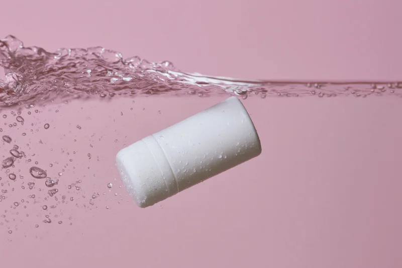 White roll-on deodorant bottle floating just below water surface against pink background