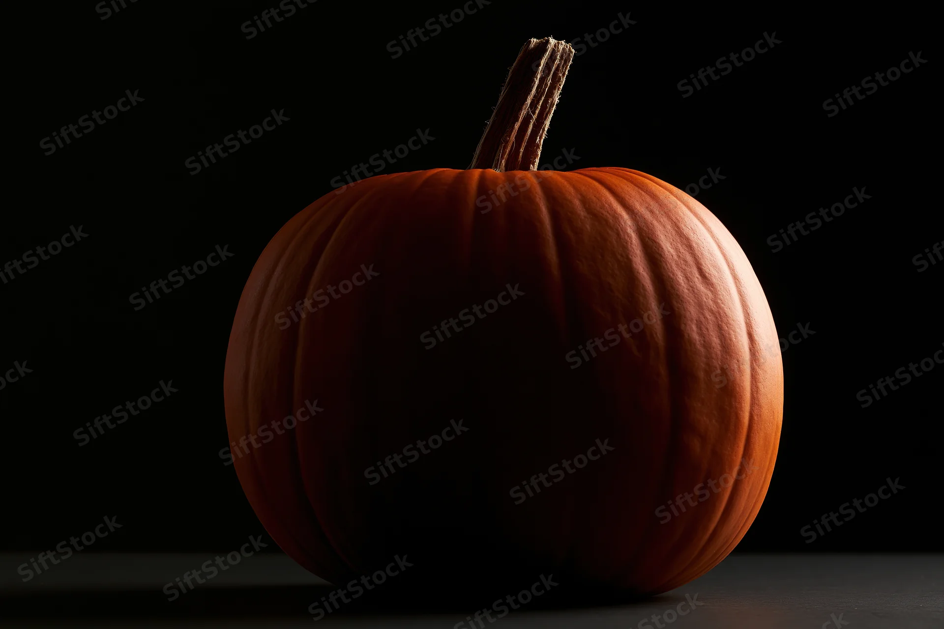 Whole pumpkin centered on flat surface against black background with dramatic lighting