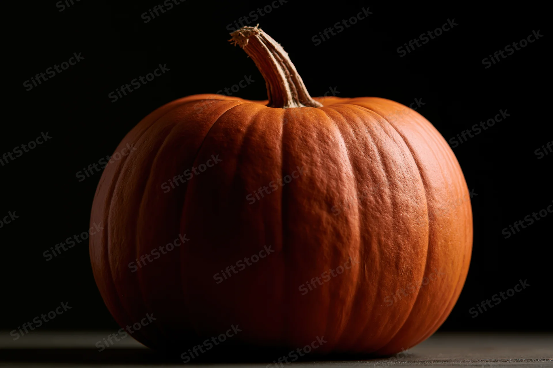 Whole pumpkin centered on flat surface against black background