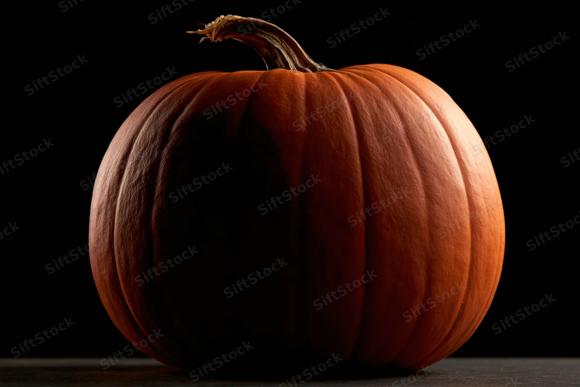Whole pumpkin centered on flat surface against black background