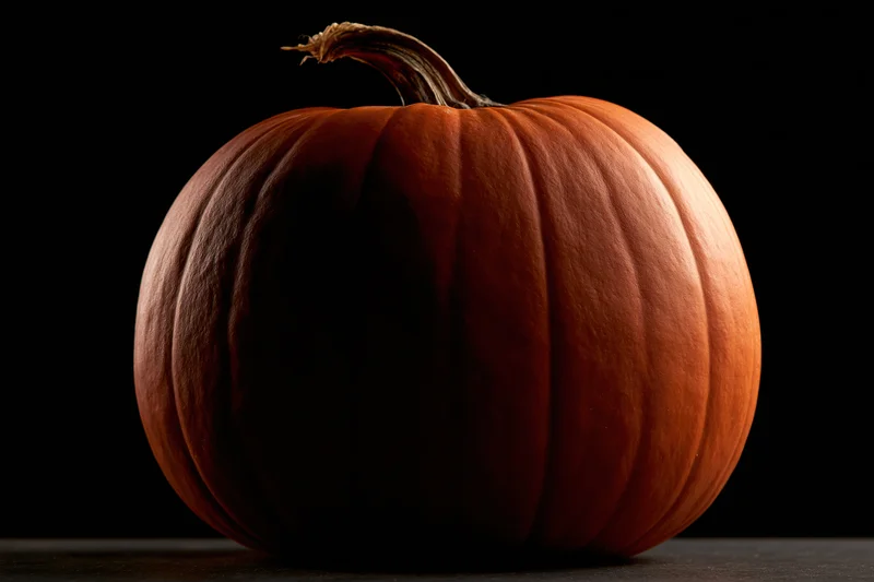 Whole pumpkin centered on flat surface against black background