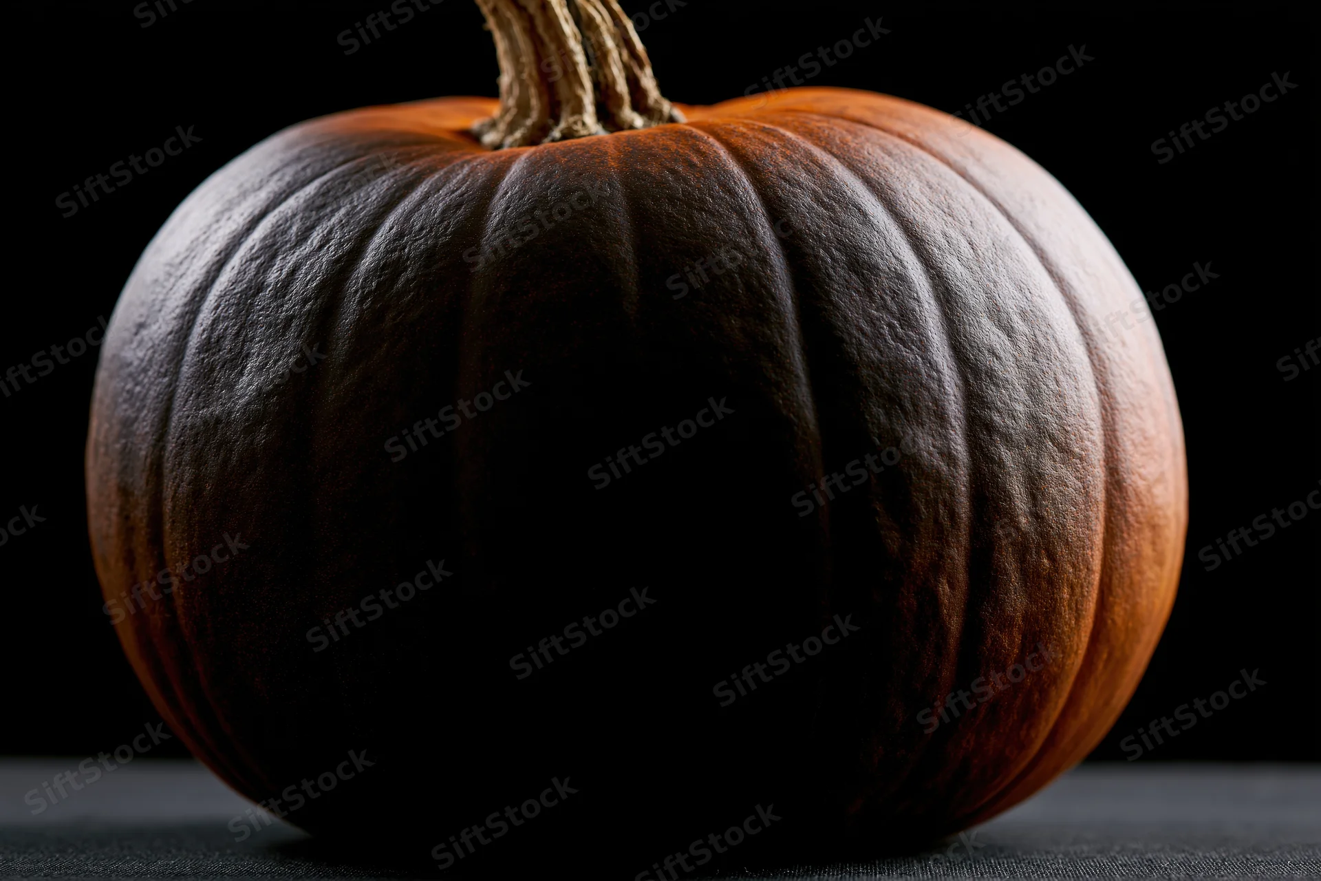 Whole pumpkin centered on flat surface against black background