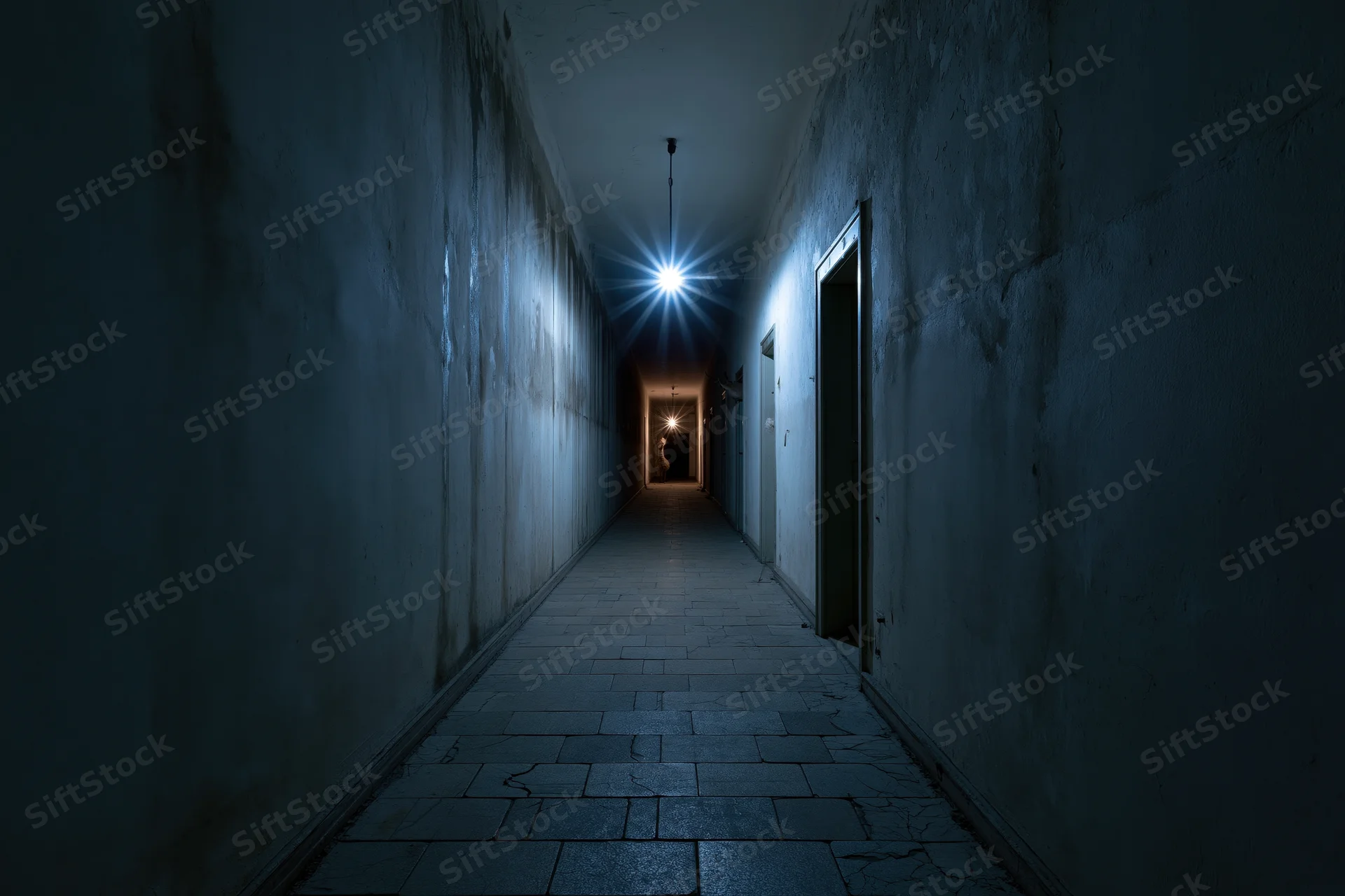 Narrow abandoned institutional corridor receding into dim light at end with open doorway