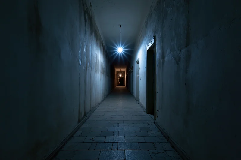 Narrow abandoned institutional corridor receding into dim light at end with open doorway