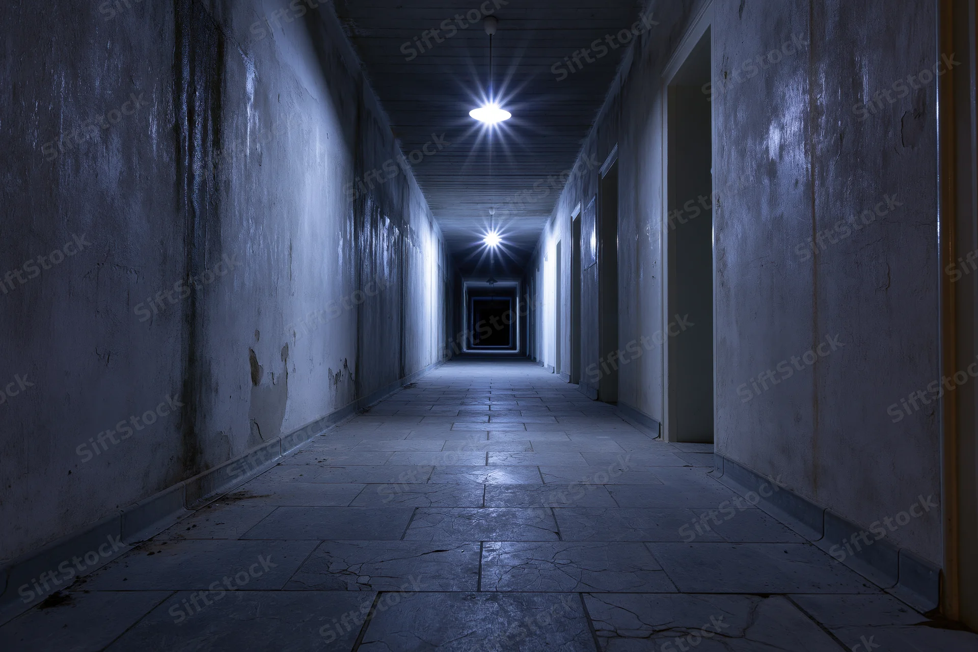 Narrow abandoned institutional corridor with cracked tiles and peeling walls receding into darkness under dim fluorescent lights