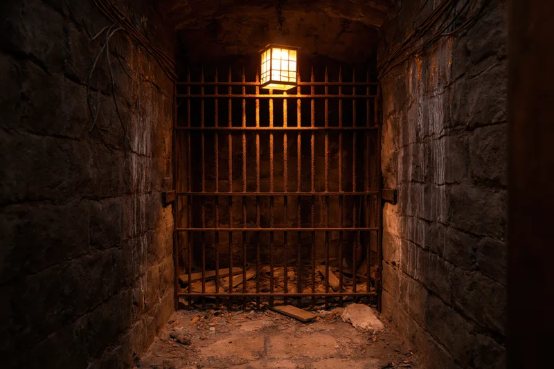 Rusted iron bars across an abandoned underground prison cell with a lantern casting dim light on stone walls