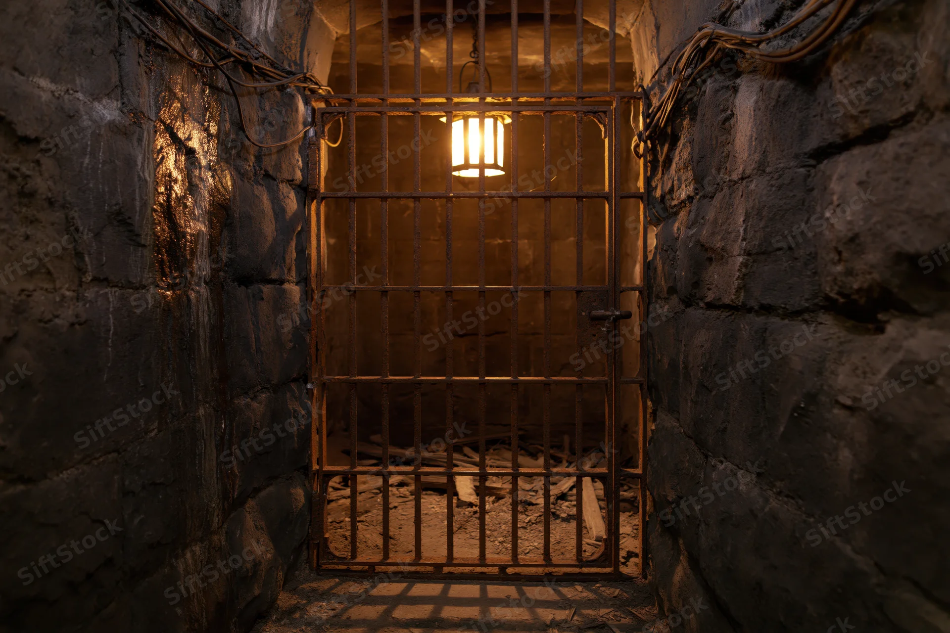 Rusted iron gate blocking entrance to dimly lit abandoned underground prison cell with stone walls and hanging lantern