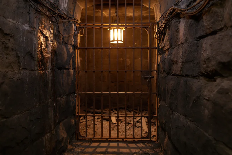 Rusted iron gate blocking entrance to dimly lit abandoned underground prison cell with stone walls and hanging lantern