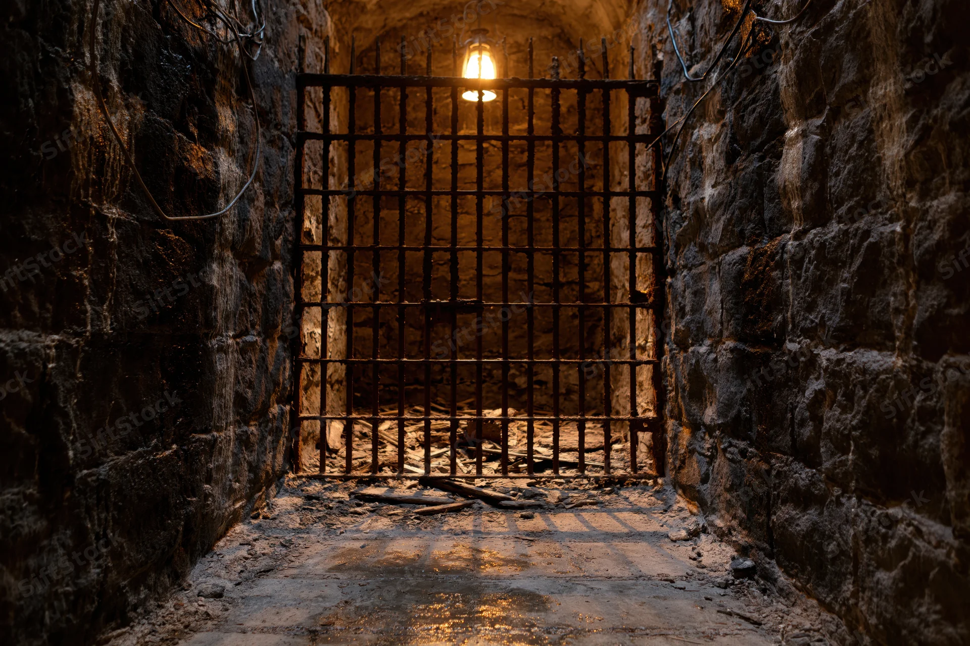 Rusted iron gate blocking entrance to dark stone prison cell underground