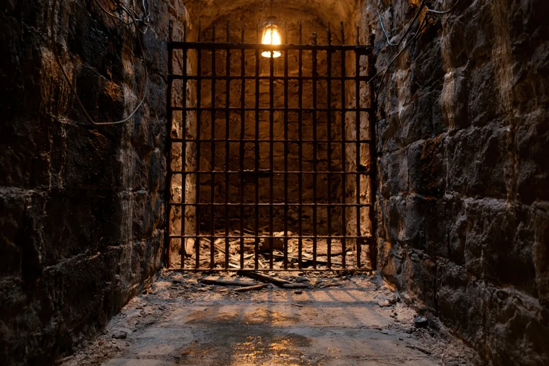 Rusted iron gate blocking entrance to dark stone prison cell underground