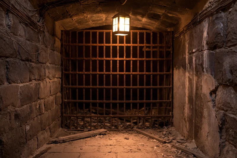 Dimly lit abandoned underground prison cell with rusted iron bars and stone walls