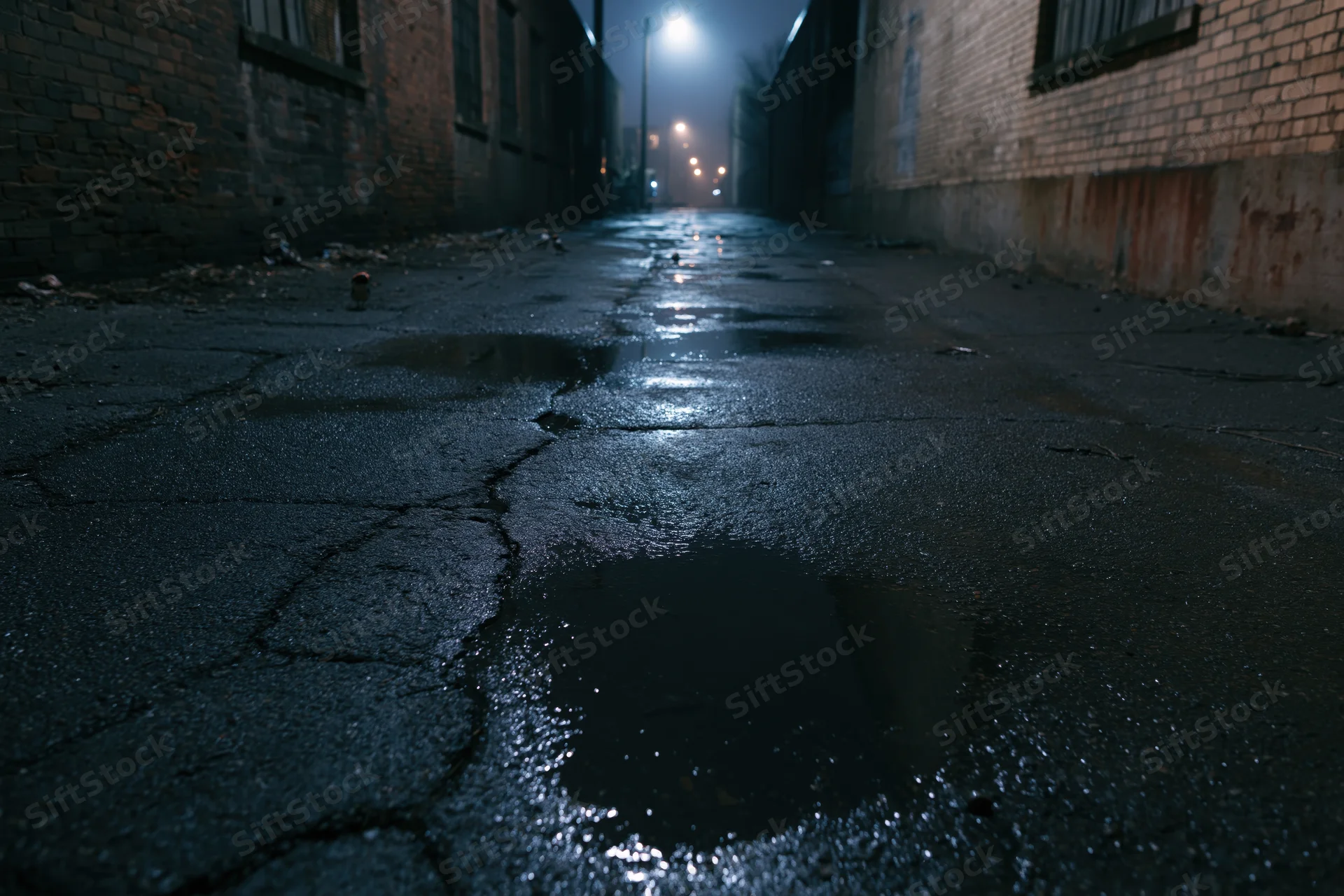 Wet cracked asphalt alley at night with puddles reflecting lamppost light between brick walls