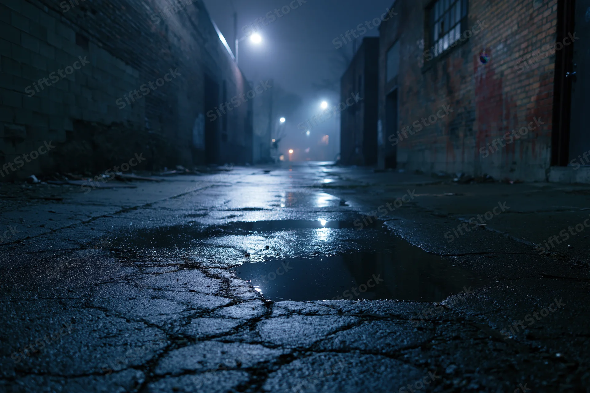 Wet cracked asphalt in a dark abandoned urban alley at night with streetlights reflecting in puddles