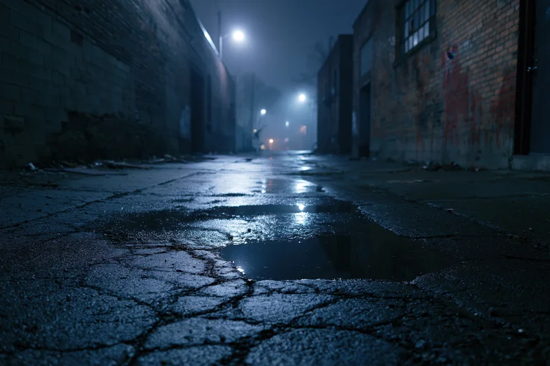 Wet cracked asphalt in a dark abandoned urban alley at night with streetlights reflecting in puddles