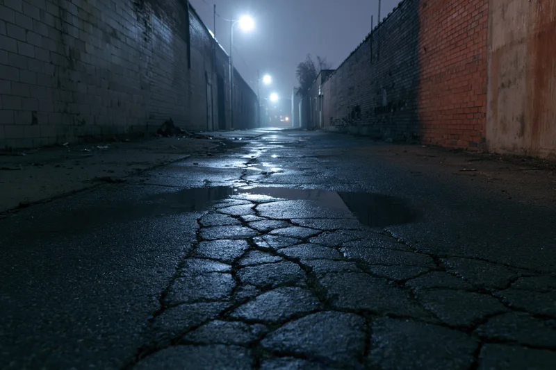 Wet cracked asphalt alley at night between brick and concrete walls under lamppost light