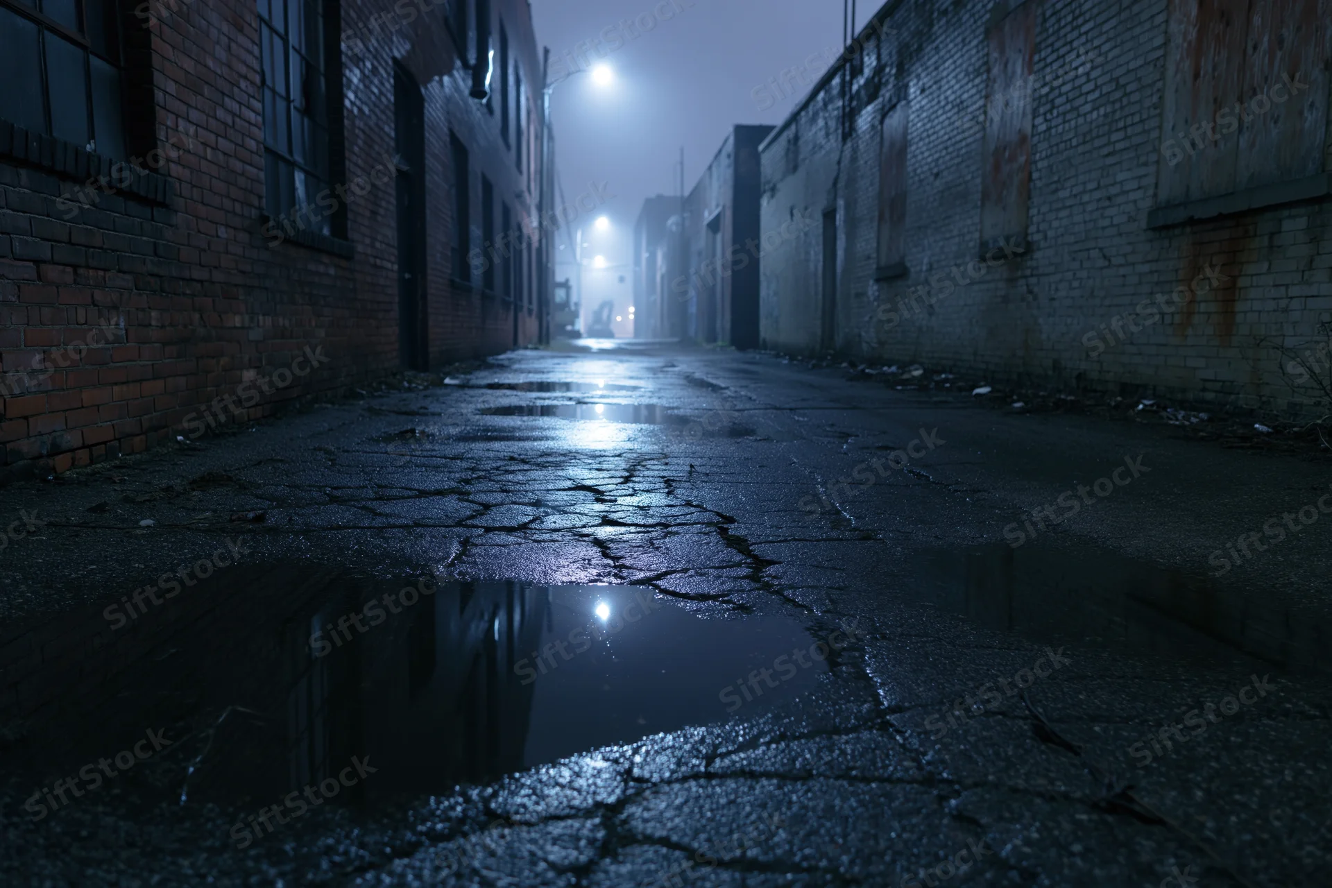 Wet cracked asphalt alley at night with brick walls and streetlight reflections in puddles
