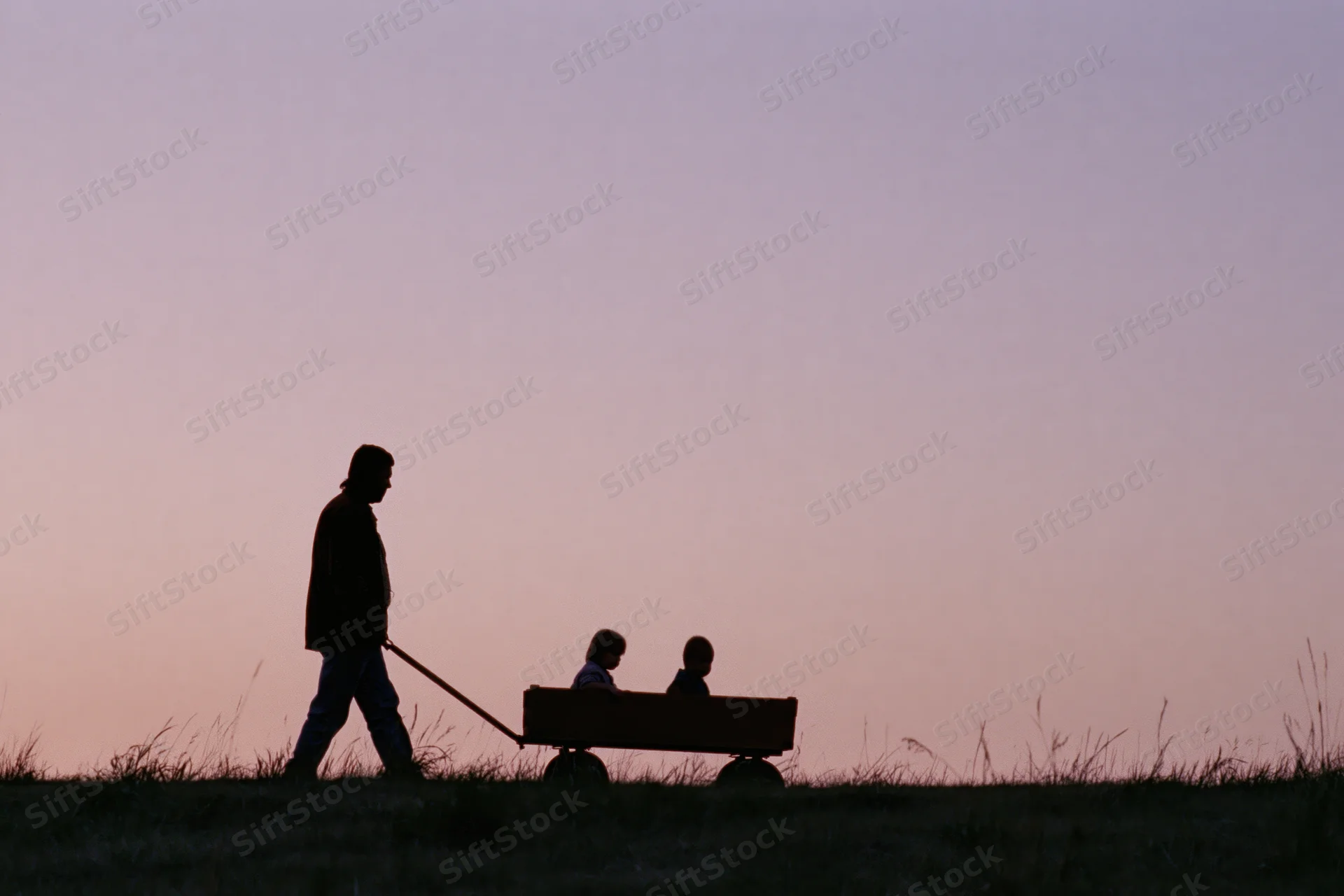 Father pulling two children in a wagon across a grassy field at sunset