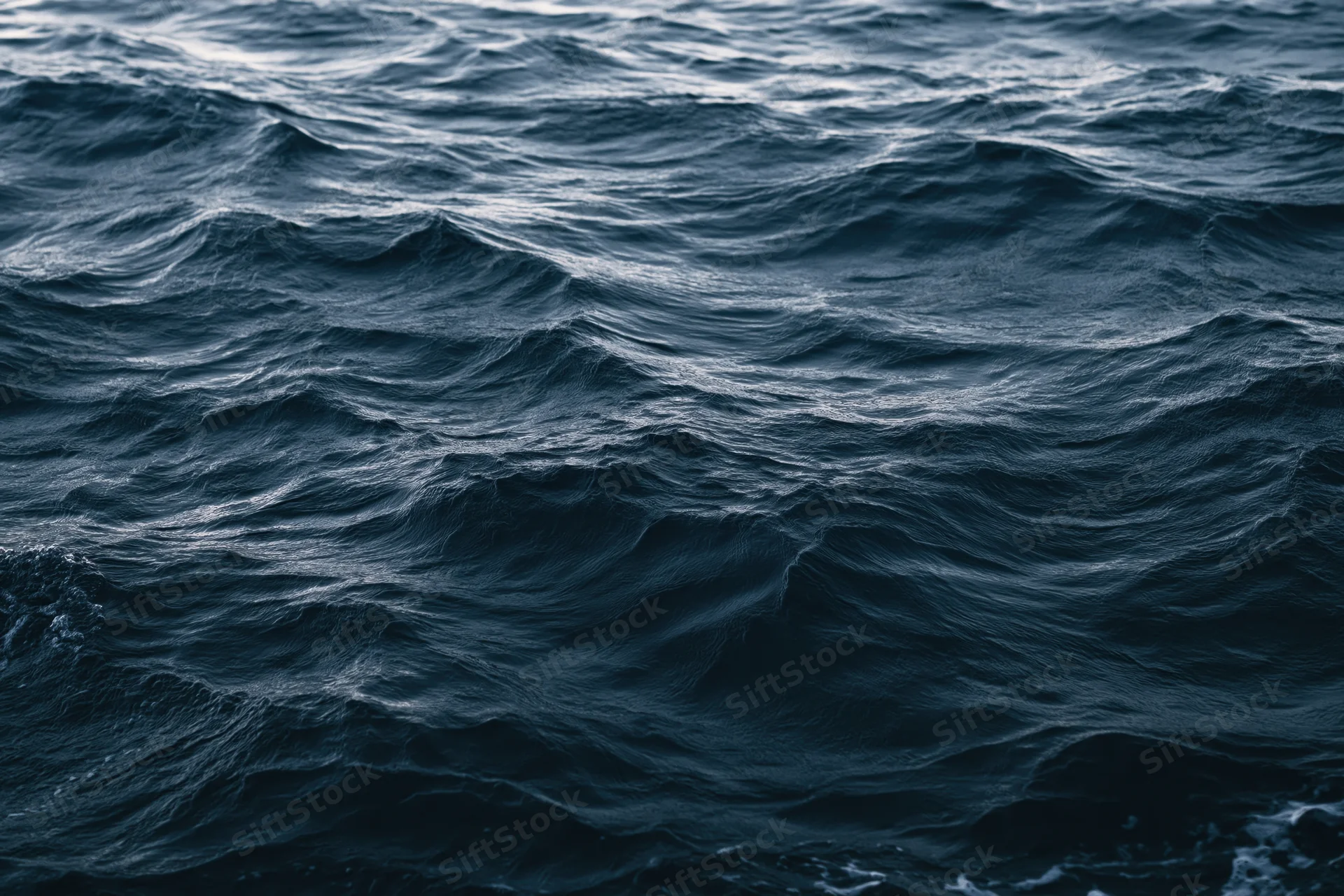 Dark choppy ocean surface with small waves and foam under overcast light