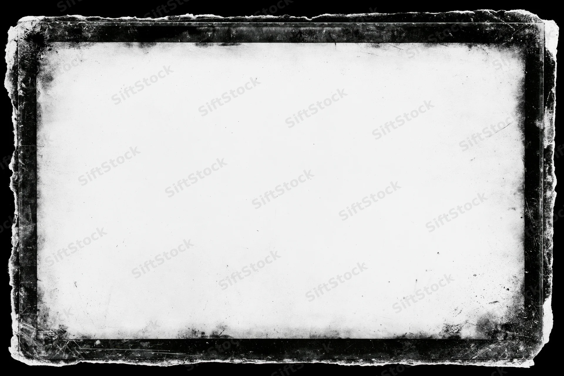 Aged grunge photo frame with dark distressed edges on white background