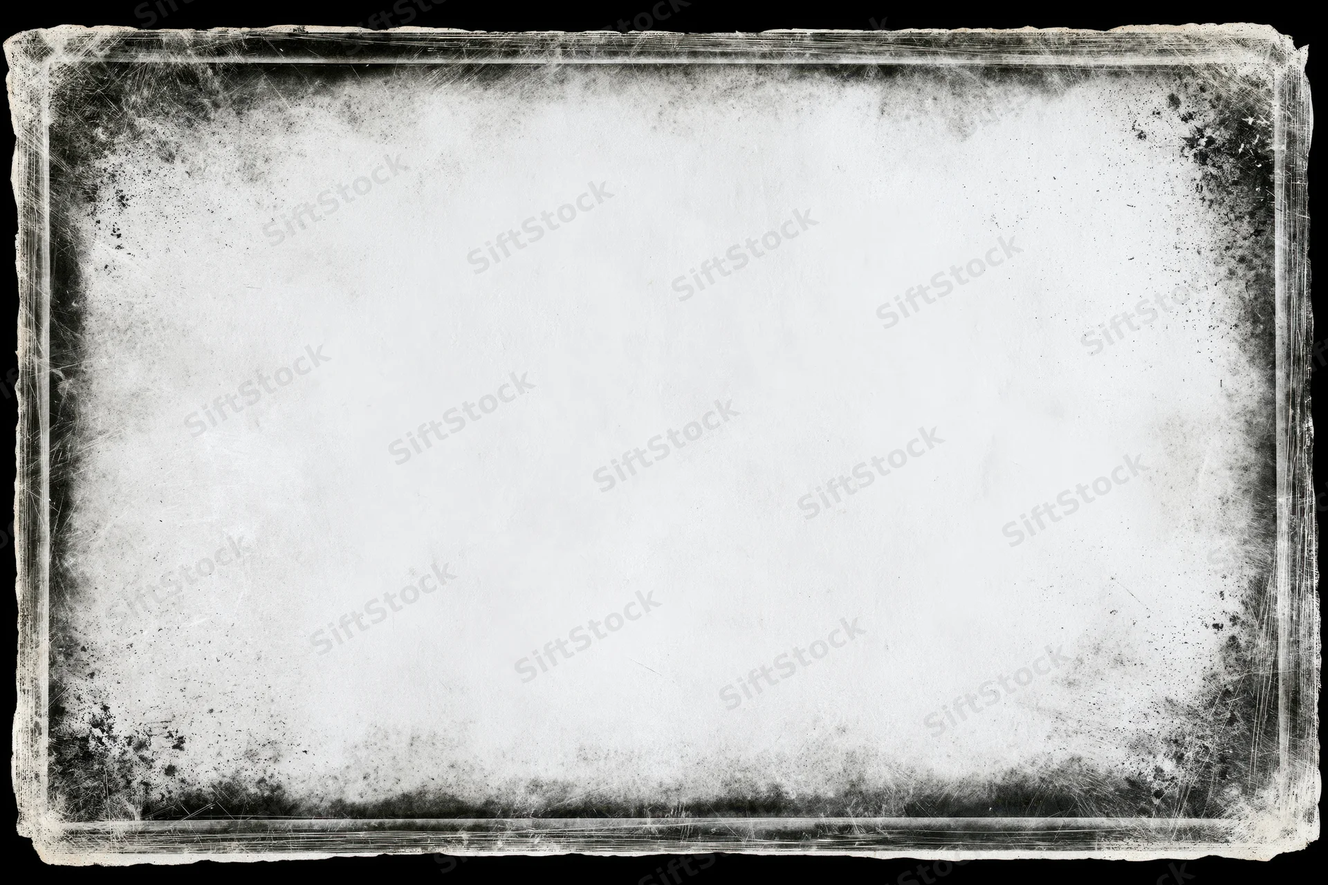 Aged grunge photo frame border with dark distressed edges and white center copyspace