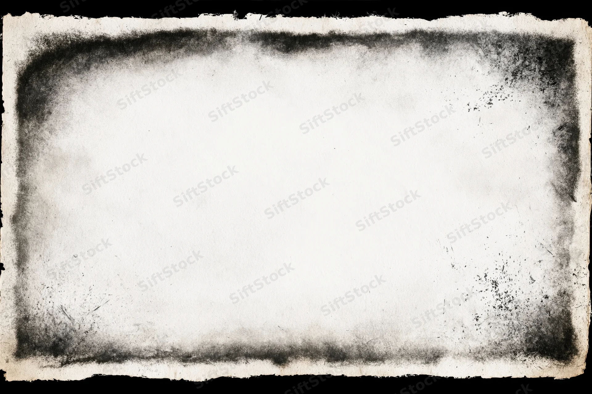 Aged grunge photo frame with dark distressed edges and white center copyspace