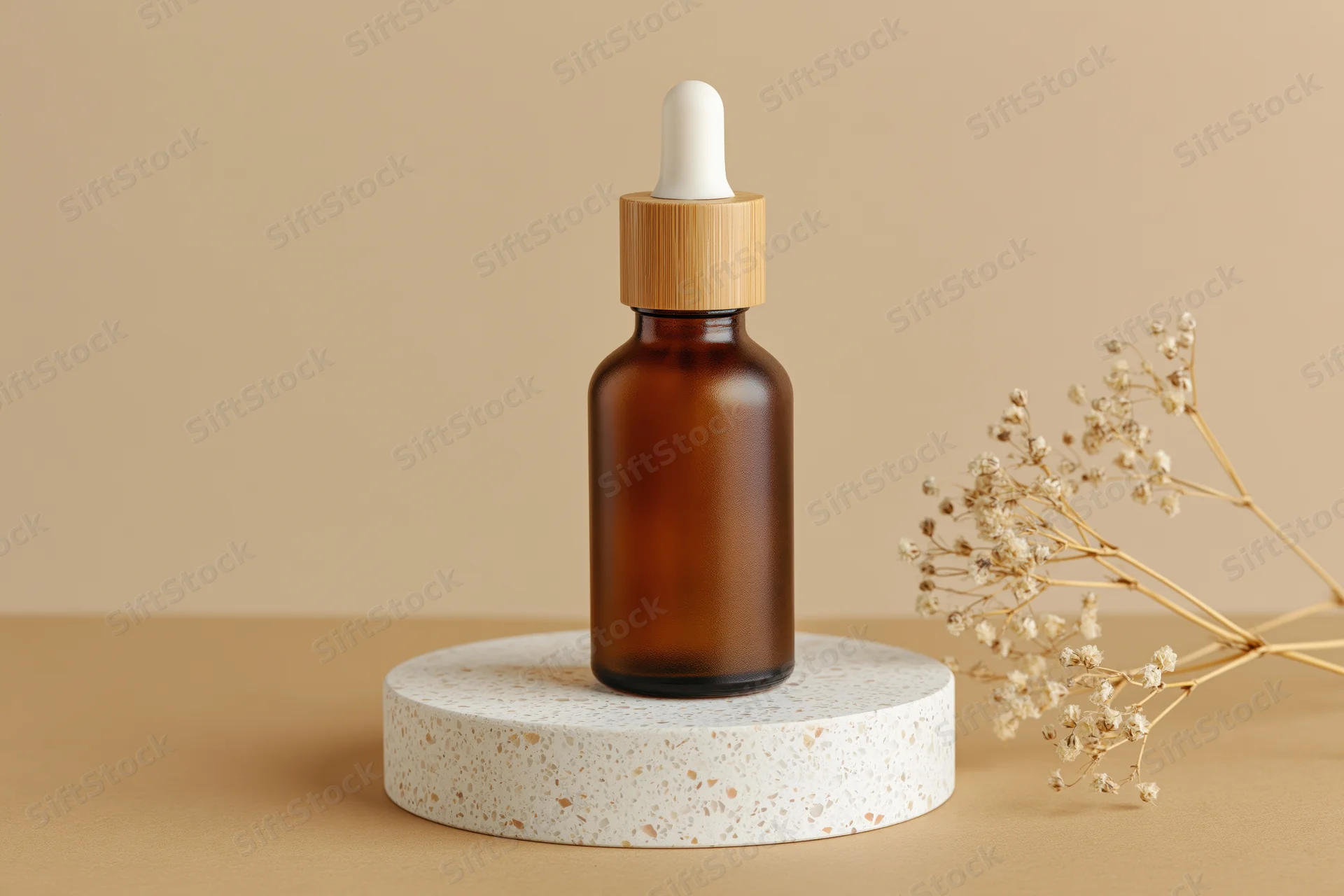 Amber glass dropper bottle with bamboo cap on terrazzo stand beside dried flowers