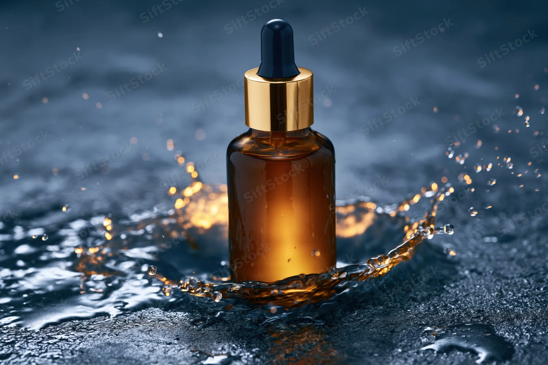 Amber glass dropper bottle with gold collar standing upright in water splash on dark surface