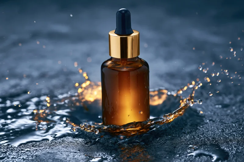Amber glass dropper bottle with gold collar standing upright in water splash on dark surface