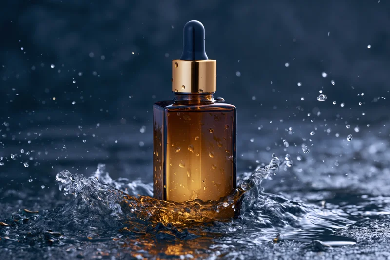Amber glass dropper bottle with gold collar standing in splashing water