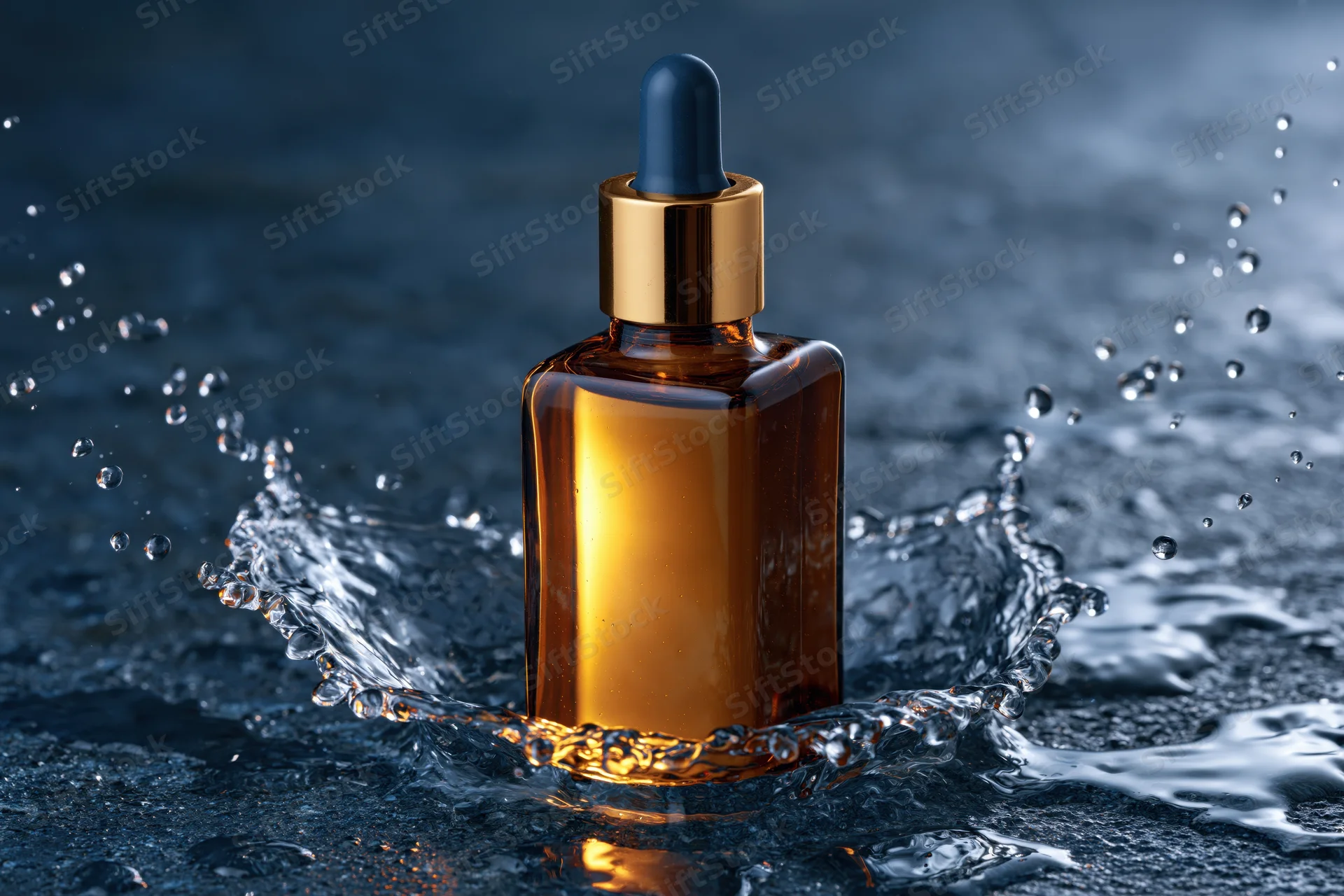 Amber glass dropper bottle with gold collar standing in water splash on dark surface