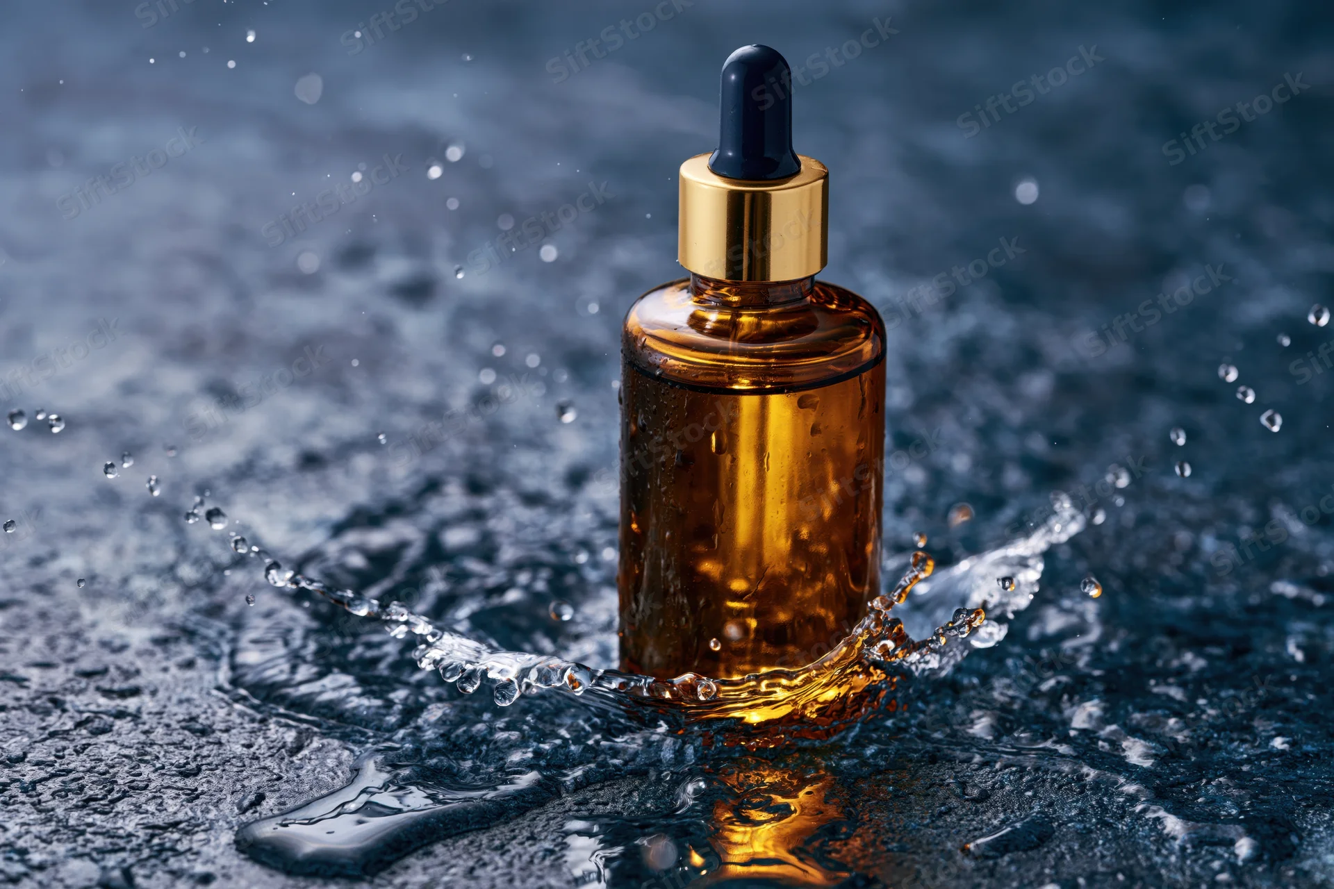 Amber glass dropper bottle with gold collar standing upright on wet dark surface with water splash and droplets