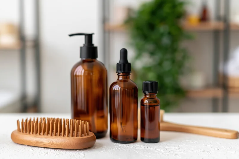 Amber glass hair care bottles with wooden brush on bathroom countertop