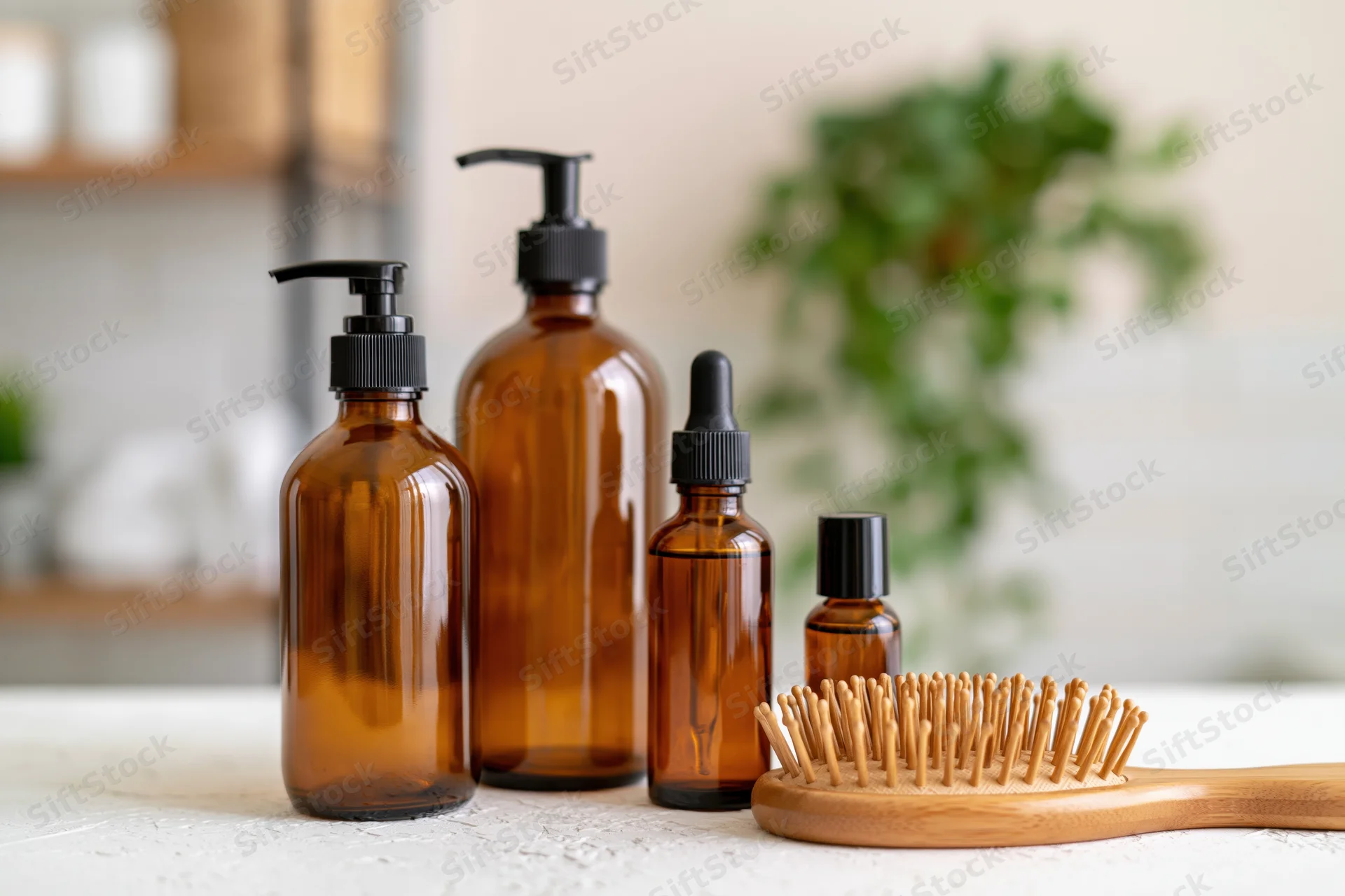Amber glass haircare bottles with pump dispenser and dropper serum arranged on countertop beside wooden hairbrush