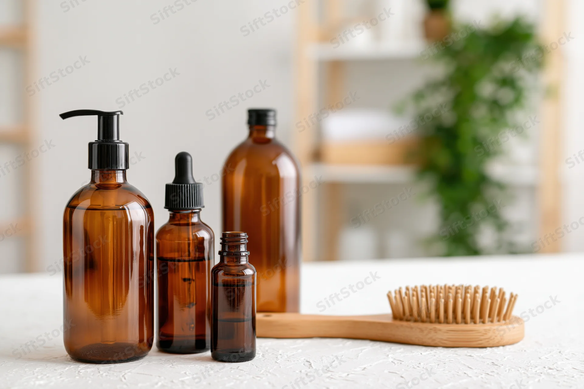 Amber glass hair care bottles with pump dispenser and dropper arranged on white countertop beside wooden brush