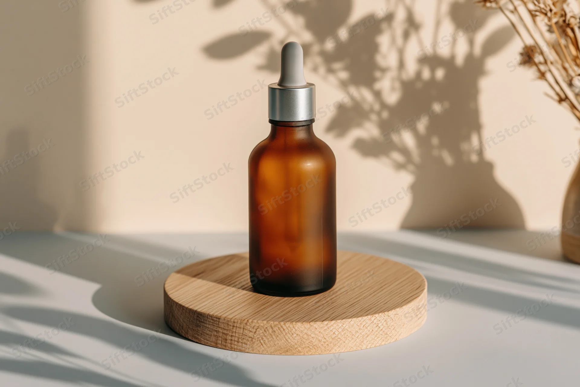 Amber glass serum bottle with dropper on round wooden stand in softly lit interior with plant shadows