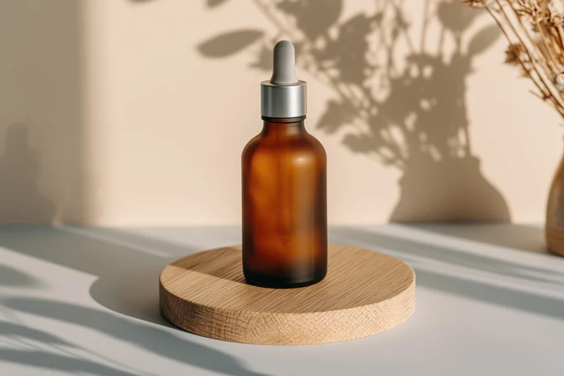 Amber glass serum bottle with dropper on round wooden stand in softly lit interior with plant shadows