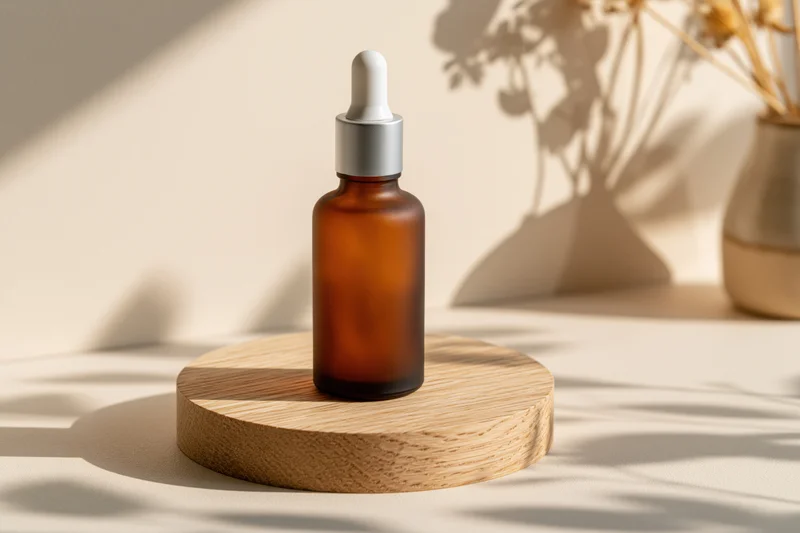 Amber glass serum bottle with dropper on round wooden stand in soft daylight setting