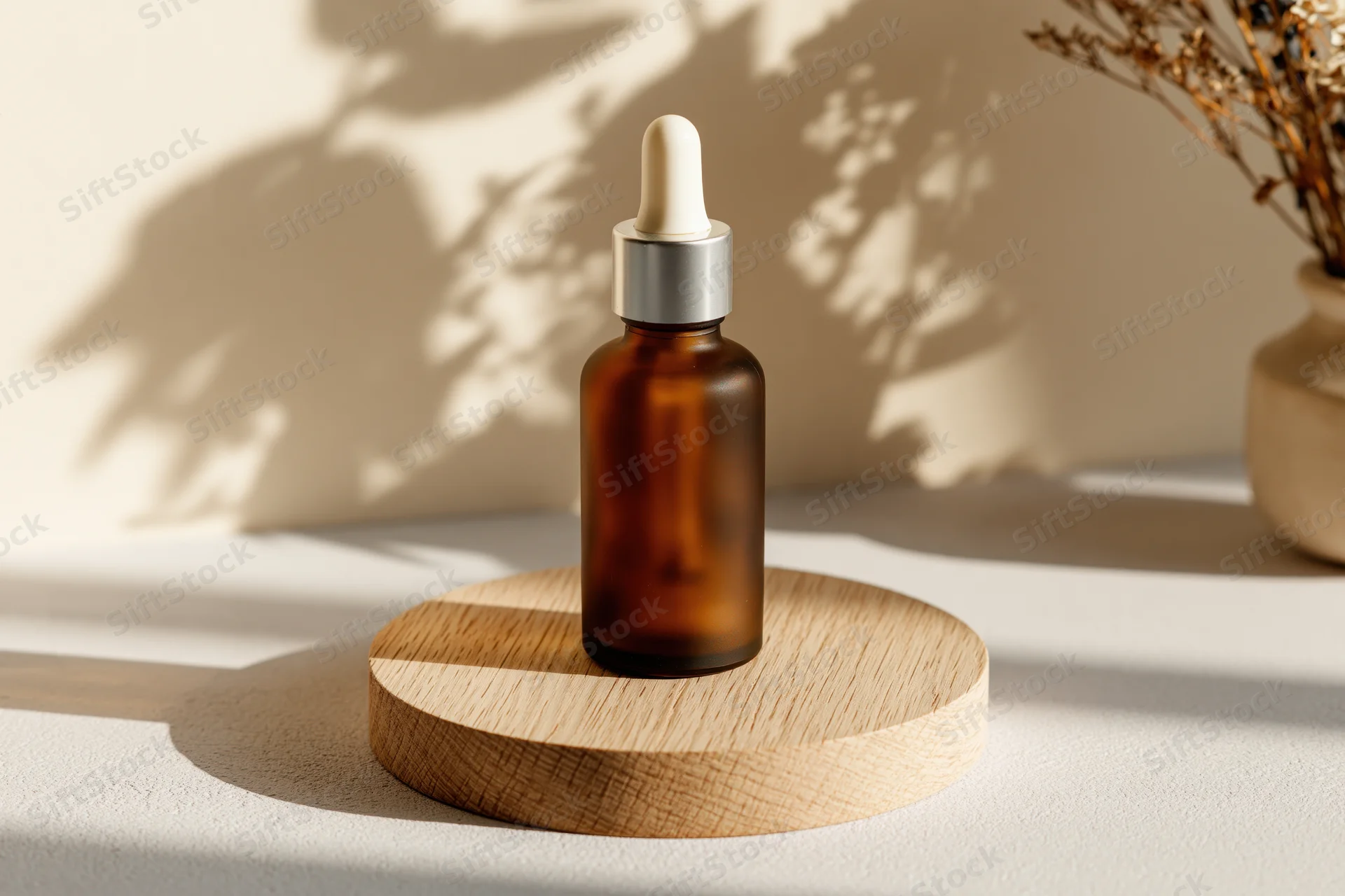 Amber glass serum bottle with dropper on round wooden stand in minimalist setting