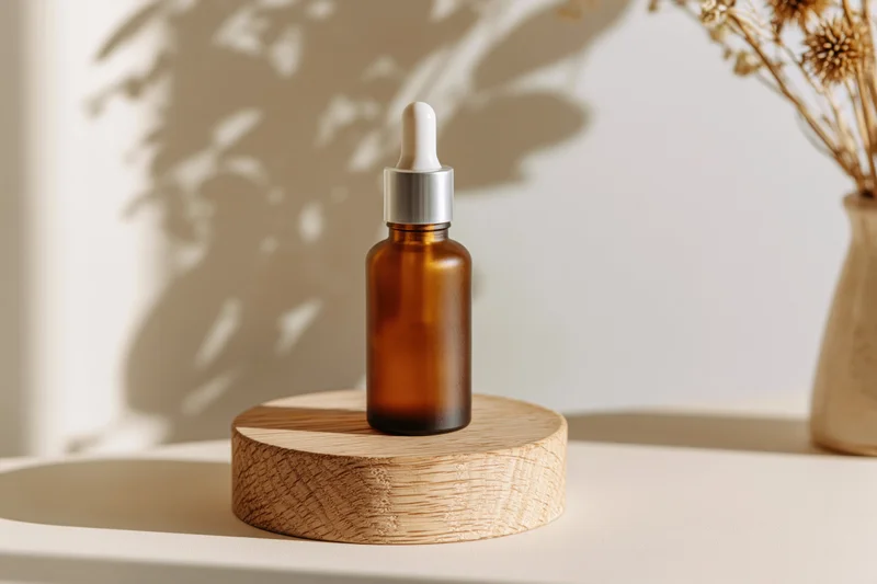Amber glass serum bottle with dropper on round wooden stand in minimalist interior with dried plant and soft shadows