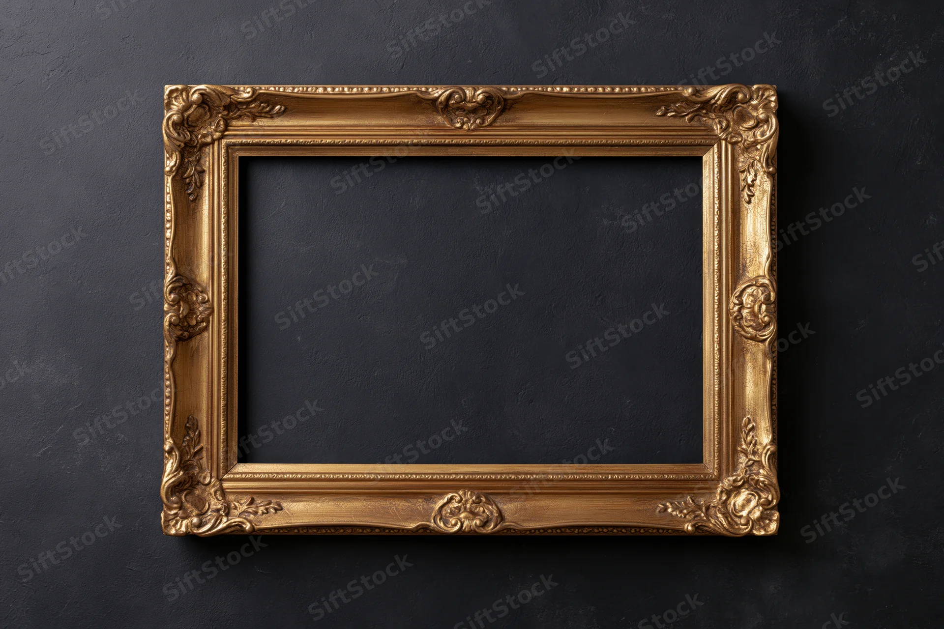 Ornate gold picture frame with carved details mounted on dark textured wall