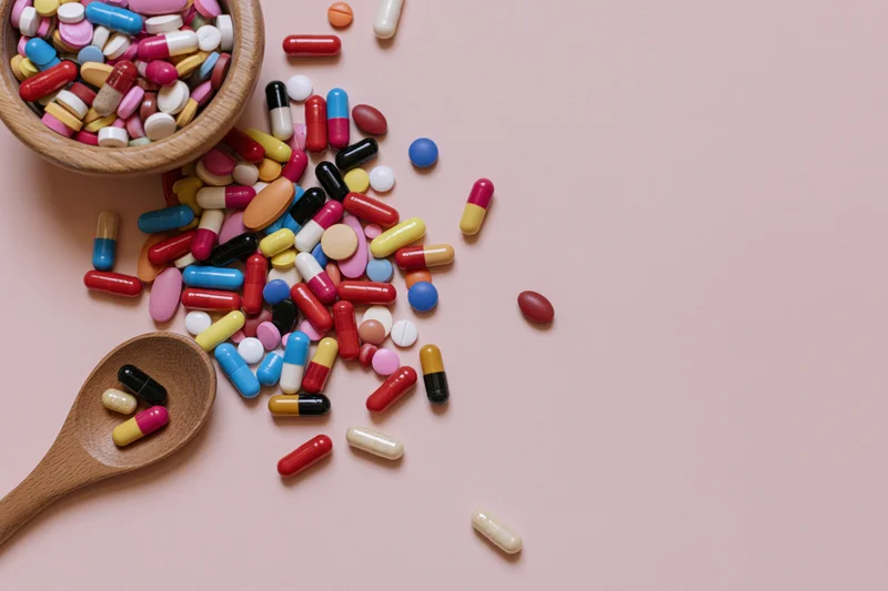 Colorful pills and capsules scattered from a wooden bowl and spoon on a pink surface