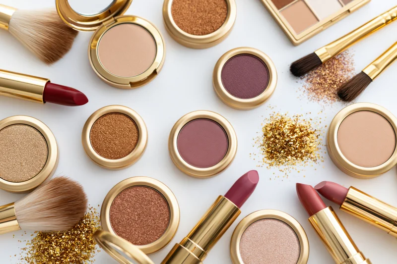 Assorted makeup products arranged in flat lay on white surface with gold accents and scattered glitter
