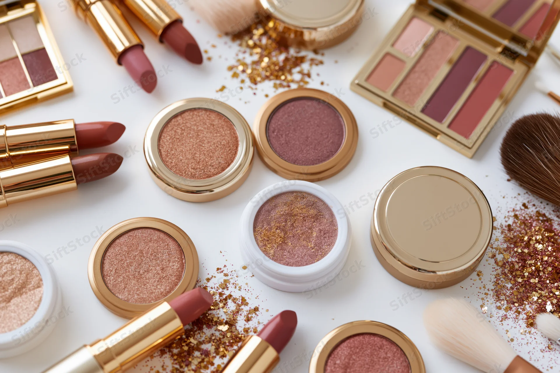 Assorted makeup products arranged in flat lay on white surface with glitter and brushes